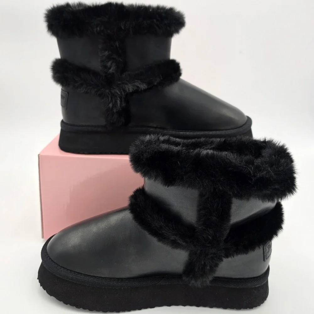 Juicy Couture Ocarina Black Faux Leather Faux Fur Platform Ankle Boots 7 NEW